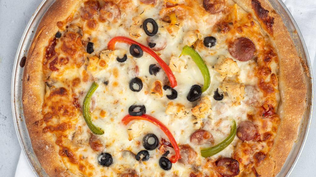 Tanoori Special Pizza · Our popular tanoori pizza. Handmade dough from scratch filled with delicious ingredients made in a tanoor.

Size: 12 inches

Includes: Cheese, Sausage, Chicken, Onion Mushroom, Black olive, Green pepper.