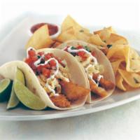 Cal Fish Tacos · Chipotle mayo, panko-breaded north Atlantic whitefish, Napa cabbage, honey cumin dressing, s...