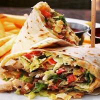Southwest Grilled Chicken Wrap · Spicy pecans, red bell peppers, bacon, tortilla straws, lettuce, tomatoes, pepper jack, garl...