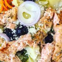 Blenders (Salmon) · Lettuce, tomatoes, cucumber, olives, artichokes, carrots, crumbled cheese and avocado.