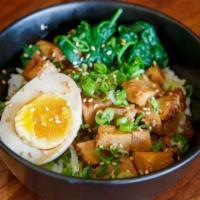 Regular Pork Chashu Bowl · Slow braised pork chashu, spinach, green onion, seasoned egg and sesame seeds.
