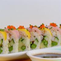 Mangotail Roll · Tuna, shrimp steamed, avocado, tobiko, cucumber, wrapped in soybean paper, mango and white f...
