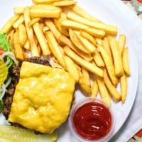 Cheeseburger With French Fries · Served with lettuce, tomatoes, onions, pickles, ketchup, mayo. and mustard.