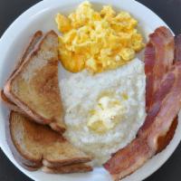 Bistro Breakfast · 2 eggs, choice of meat: bacon/pork sausage/chicken sausage, choice of side: cheese grits/pot...