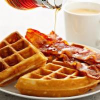 Bistro Waffle · Belgian waffle, maple syrup, & choice of meat: bacon/pork sausage/chicken sausage