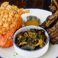 Taste Surf And Turf · Jerk lamb chops, deep-fried lobster tail, collard greens.