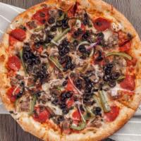 The Chief · pepperoni, sausage, onion, mushroom, black olive and green pepper