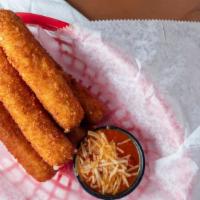 Mozzarella Sticks · Hand cut mozzarella, battered and breaded to order, deep fried and served with marinara sauc...