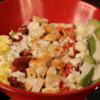 Tavern Cobb Salad · Romaine topped with avocado, egg, tomato, bacon, bleu cheese, and grilled chicken with ranch...