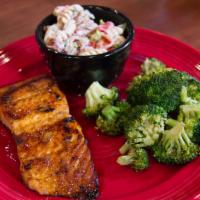 Sweet Bourbon Salmon · Marinated salmon with a sweet bourbon glaze and served with broccoli and BLT pasta salad.