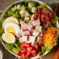 Cobb · Romaine, turkey, ham, bacon, cheddar, Roma tomato, cucumber, hard boiled egg & ranch dressing