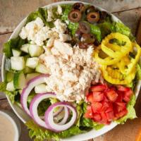 Greek Island · Your choice of tuna salad or grilled chicken, romaine, feta, olives, cucumber, red onion, Ro...