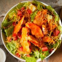 Buffalo Chicken · Romaine, grilled chicken, cheddar, Roma tomato, celery salt, Buffalo sauce & your choice of ...