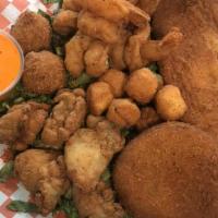Seafood Platter · Fish, shrimp, oysters, scallops, hush puppies, crab cake, fries