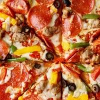 Extreme Meat Pizza · Large oven-baked fast our extreme meat pizza is topped with 100% whole milk real mozzarella,...