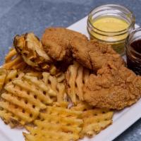 Chicken & Waffle Fries · 3 each 100% Natural Chicken Tenders served with waffle fries, Honey Mustard or BBQ dipping s...