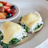 Florentine Benedict · Two Poached Eggs with Sauteed Spinach and feta cheese topped with Hollandaise Sauce on an En...