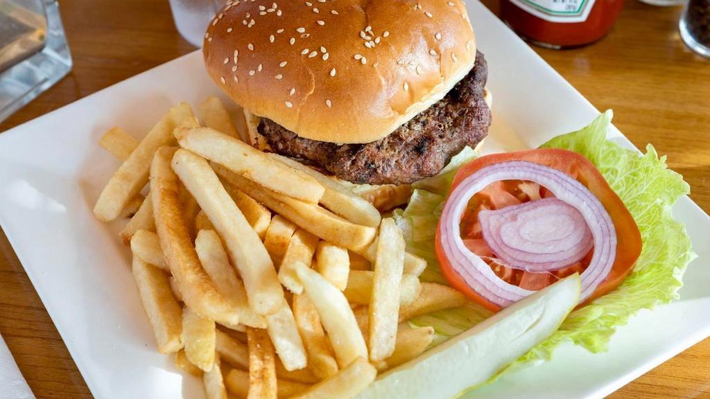 Burger · Lettuce, tomato, onions, pickled & you choose the sandwich side