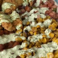 Bayou Bowl · Red beans, corn, pico de gallo, with Creamy Cilantro sauce, add avocado (+1)