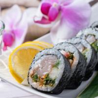 Spicy Yellowtail Lemon Roll* · Spicy. Yellowtail, cucumber, scallion, cilantro, jalapeño, shiso leaf, sliced lemon, yuzu to...