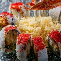 Sapporo Roll   · Lobster tail tempura, avocado, cucumber, cream cheese inside out roll, topped with beer batt...