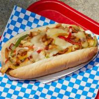 Sweet Pepper Chicken Cheesesteak · Sliced chicken, melted cheese, grilled onions, roasted peppers, hoagie roll.