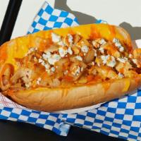 Buffalo Chicken Cheesesteak · Sliced chicken, melted cheese, grilled onions, buffalo sauce, blue cheese, hoagie roll.