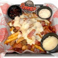 Papas Locas · Meat, chicken, chorizo, sausage, cheese, bacon, french fries