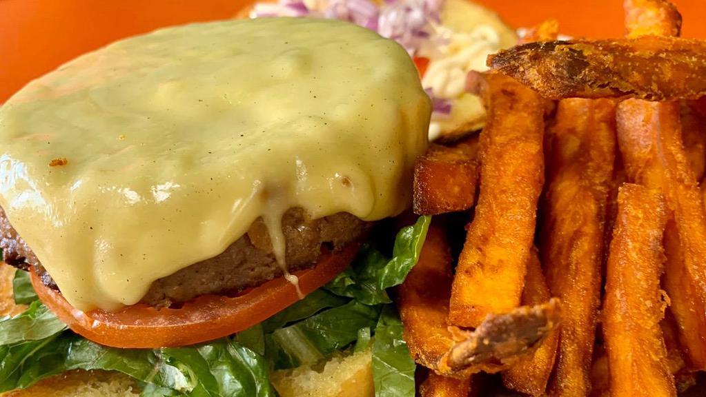 Beyond Vegan Burger · Brioche bun beyond burger vegan mayonnaise red onion lettuce tomato vegan cheese and  side of seasoned fries