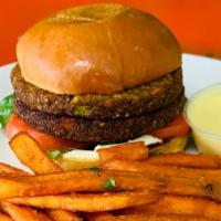 Veggie Burger · Veggie burger vegan cheese vegan mayo mustard lettuce tomato onion brioche bun and  side of ...