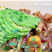 Jerk Chicken Bowl · Jerk chicken, brown rice, avocado, onion, peppers, pineapple, carrots.