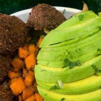 Falafel Veggie Bowl · Falafel, quinoa, brown rice and chickpeas avocado, sauté onion, peppers, broccoli mushrooms,...