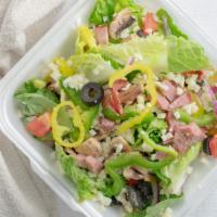 Chef Salad (Large) · Lettuce, ham, mushrooms, green and banana, peppers, cucumber, onions, tomatoes, black olives...