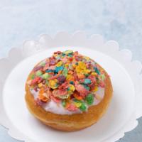 Cereal Donut · Fruity Pebble Cereal on top of Vanilla Icing