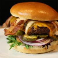 Spicy Hell Yeah Burger · Bacon, pepper-jack cheese, lettuce, tomato, onions, pickles, jalapenos, mango habanero ranch...