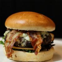 Bacon Black & Blue Burger · Fresh applewood bacon & bleu cheese crumbles topped on your choice of blackened season burge...