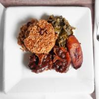 Oxtails · Comes with rice peas cabbage salad or collards and plantains.