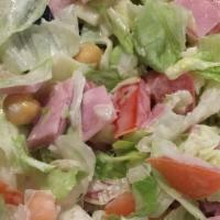 Antipasto Salad · Ham, salami, cheese, lettuce, tomato, onion, black olives, green olives, beans, and pepperon...
