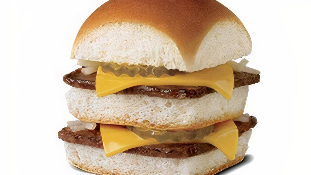 Double Cheese Slider Cal 300-330 · Our Double Cheese Slider includes two 100% beef patties steam-grilled on a bed of onions plus two slices of melted cheese: American, Jalapeno, or Cheddar.
