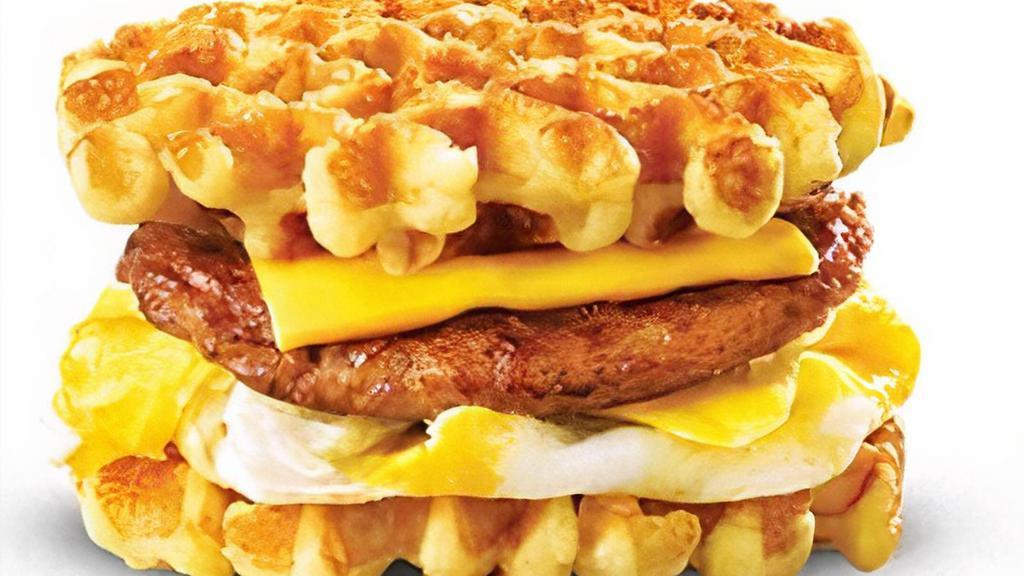 Belgian Waffle Sausage Slider Cal 490 · Two crispy on the outside, fluffy on the inside Belgian Waffles with savory sausage, a fresh cracked egg, and your choice of American, Jalapeno, or Smoked Cheddar cheese.