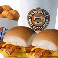 2 Breakfast Sliders Combo Cal 860-1090 · Includes two Breakfast Sliders, Small Hash Brown Nibblers, and Small Coffee.