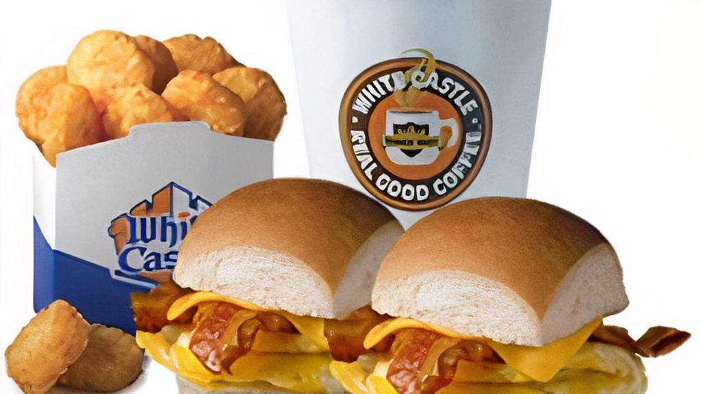 2 Breakfast Sliders Combo Cal 860-1090 · Includes two Breakfast Sliders, Small Hash Brown Nibblers, and Small Coffee.