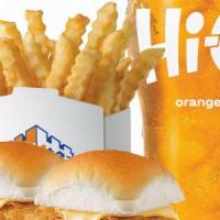 Chicken Breast Slider Combo Cal 790-1160 · Includes two Chicken Breast Sliders, Small Fry, and Small Soft Drink.