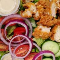 Green Salad With Chicken · Romaine Lettuce, Red Onion, Cucumber, Grape Tomato, Cheddar cheese, Croutons with Fried or G...