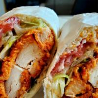 Spicy Chicken Wrap · Spicy Chicken Fillet, Tortilla, Lettuce, Tomato, Red Onion, Cheddar Cheese, Mayo and Side Sa...