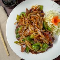 Mongolian · Hot and spicy. Spicy Mongolian sauce, white and green onion, red pepper with crispy rice noo...