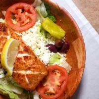 Salmon Greek Salad Combo · Broiled salmon fillet served on a bed of lettuce and Romaine, tomato, pepperoncini, Kalamata...