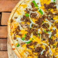 Philly Steak Pizza  · Traditional Philly steak, green pepper, onion, mushroom, shredded cheddar cheese, no sauce.