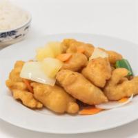 (D) Sweet & Sour Chicken · Comes with an egg roll and fried rice or steamed rice.