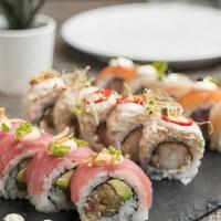Rolls 5Pc · Spicy tuna,
Panko shrimp and crab salad,
Hamachi and salmon rainbow,
Veggie
